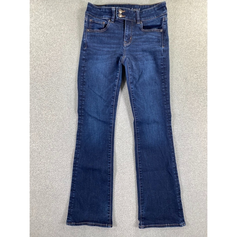 American Eagle Kick Boot Jeans Womens 4 R Blue Stretch Dark Wash Button Boho